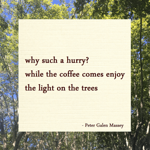 haiku poem about time 5-7-5: why such a hurry while the coffee comes enjoy the light on the trees