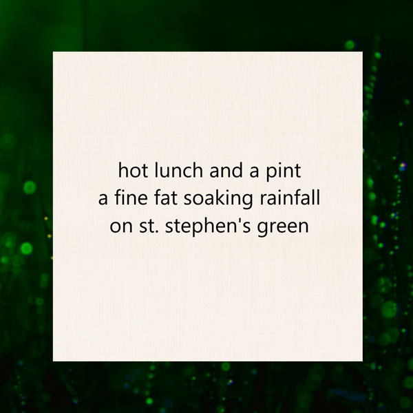 haiku poem about Ireland 5-7-5 format: hot lunch and a pint a fine fat soaking rainfall on st. stephen's green by peter galen massey